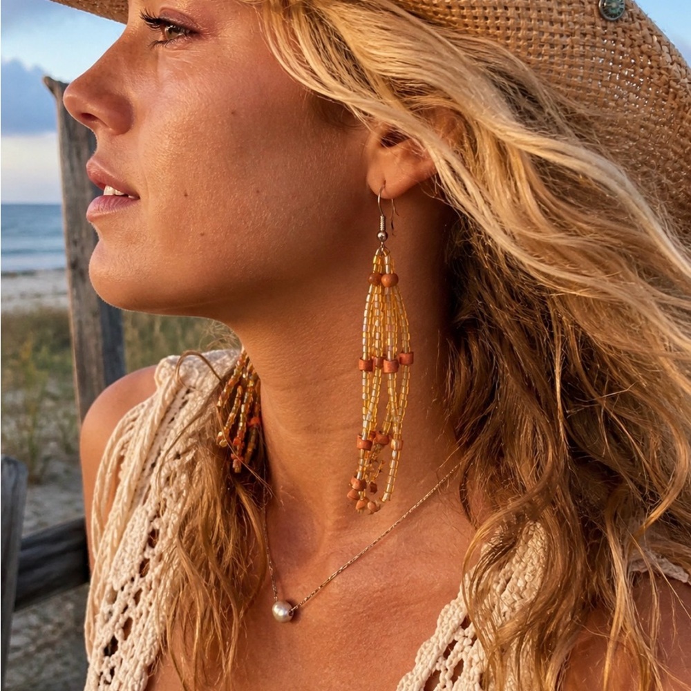 Vintage Style Amber Beaded Fringe Earrings Boho Artisan 4” Coastal Cowgirl